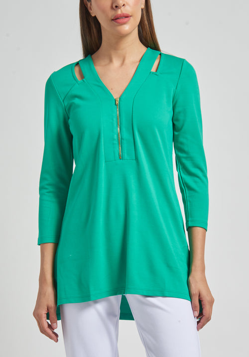 3/4 Sleeve 1/2 Zip Tunic with Cut-outs
